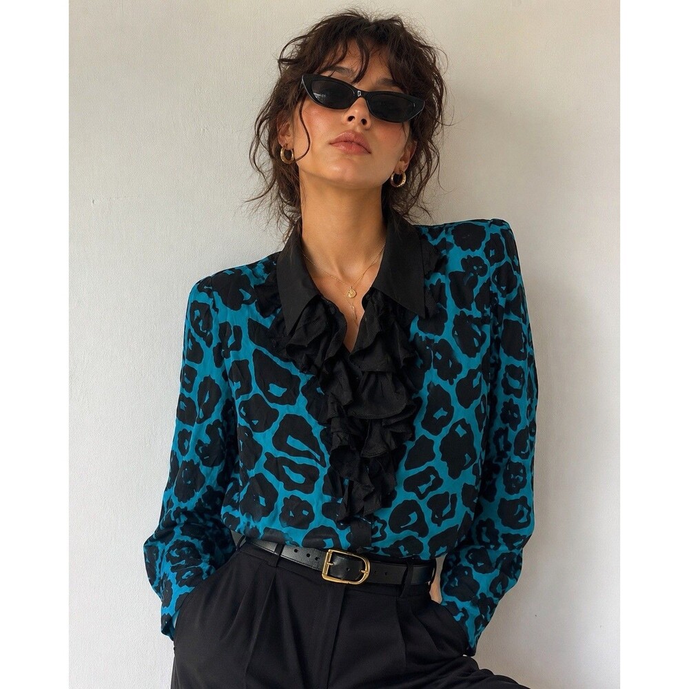 VTG Balla Valentina Silk Blouse Teal Black Animal Print Jabot Maximalist Retro M